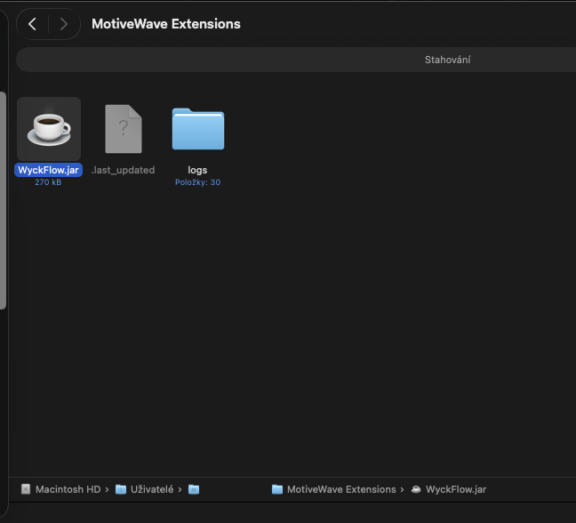 Okno správce souborů (Finder / Průzkumník) se složkou „MotiveWave Extensions